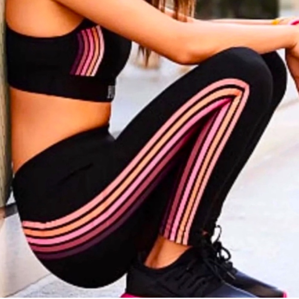 PINK Victoria’s Secret VSPINK Ultimate Leggings Black with Rainbow Pink Detail